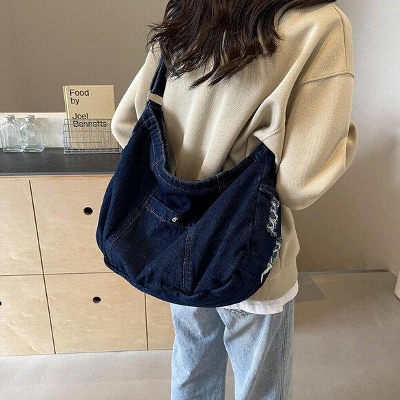 Denim Shoulder Bag for Women,Canvas Tote Messenger Bag with Zipper,Large Casual - Picture 6 of 6